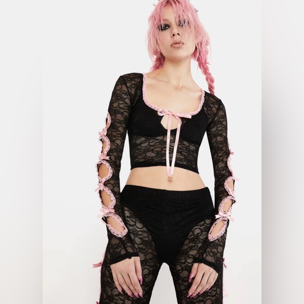 Current Mood Know U Want Me Black Lace Blouse with Pink Ribbon Details